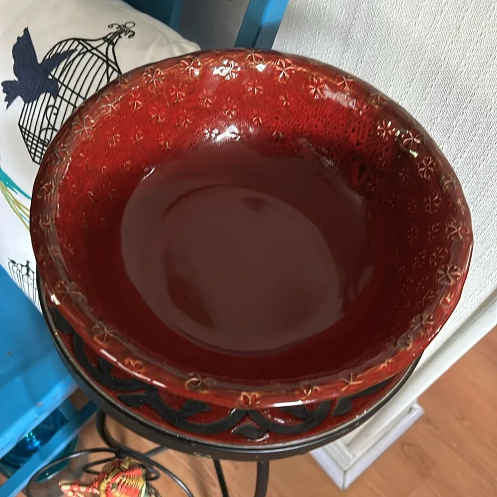 Burgundy Red ASIAN BLOSSOM Round STONEWARE SERVING BOWL